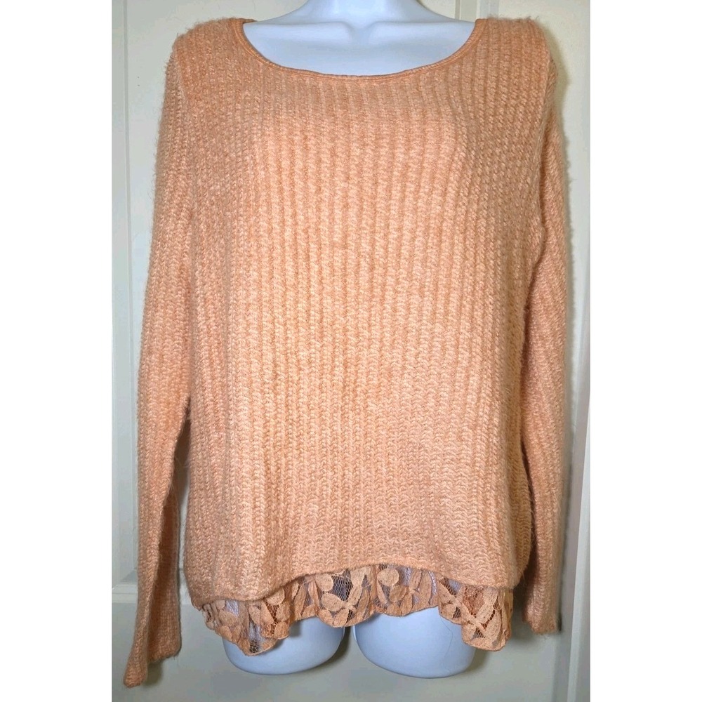 NEW Belle France Mohair Blend Sweater Floral Lace Trim Tie‎ Back Peach Size M